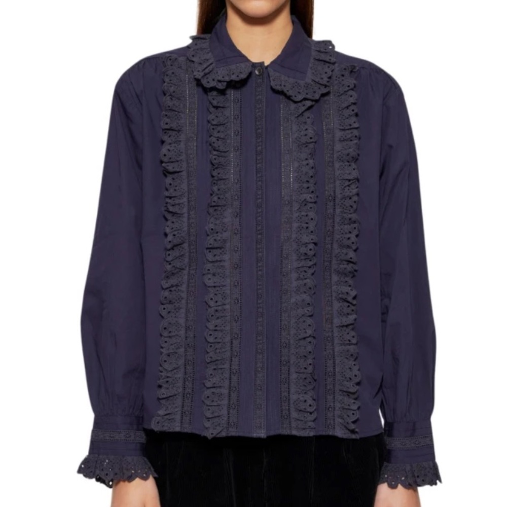 NWT $332 Antik Batik Navy Diane Big Long Sleeve Blouse - Picture 1 of 10